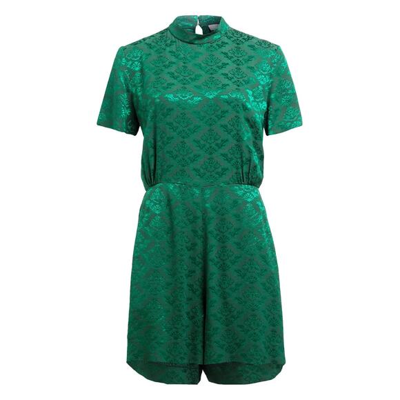 Sandro Emerald Green Satin Jacquard Short Sleeve Mock Neck Romper Size M - Picture 1 of 14